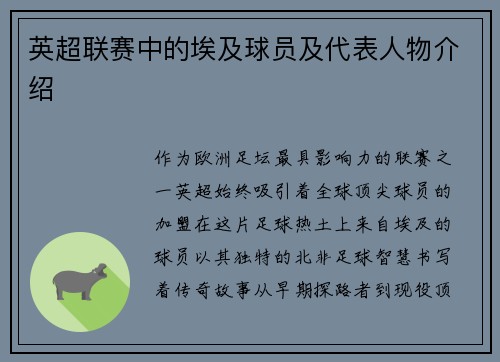 英超联赛中的埃及球员及代表人物介绍