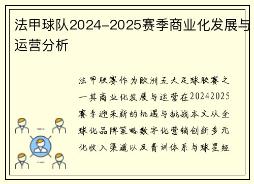 法甲球队2024-2025赛季商业化发展与运营分析